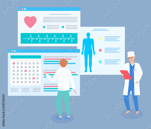 Doctor looking at clipboard in hand. Therapist looking at medical website with calendar, planning date of visiting patients. Electrocardiogram, results of scanning body, medical test, text information