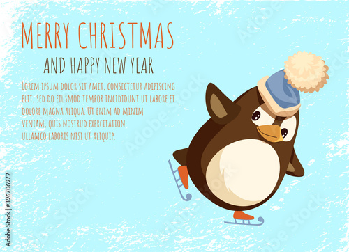 Penguin in Santa hat on skates, Christmas greeting card. Bird doing sports, outdoor activity, New Year winter holiday celebration, ice rink vector