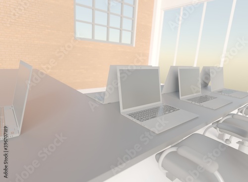 Laptop on desk workplace interior scene 3D rendering business wallpaper background