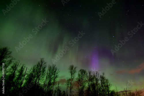The aurora borealis brightens a dark Alaska winter night