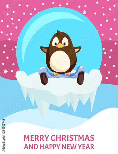 Christmas greeting card, penguin on gyroscooter in glass ball, snow and ice floe. Animal and modern technology, New Year and Xmas holidays vector.