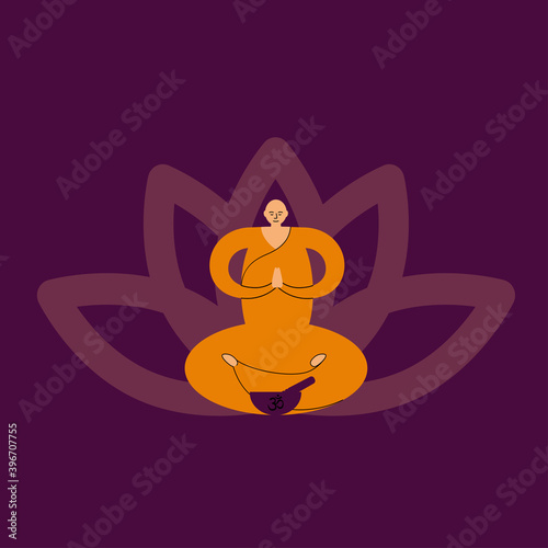 Man in orange clothes is sitting and meditating with a tibetan singing bowl. Tibetan monk. Ayuverda, meditation and relaxation. Vector flat illustration photo