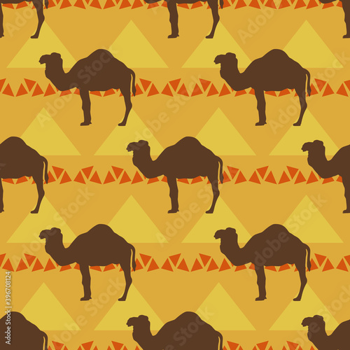 Seamless pattern with camels silhouettes and yellow pyramids  vector illustration