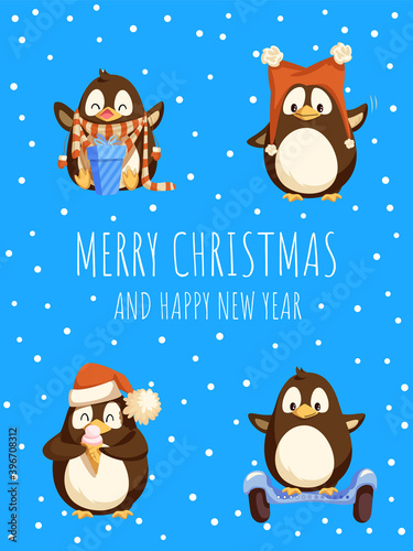 Merry Christmas and happy New Year penguins set vector. Animals wearing Santa Claus hat, riding scooter board with wheels and unpacking present gift