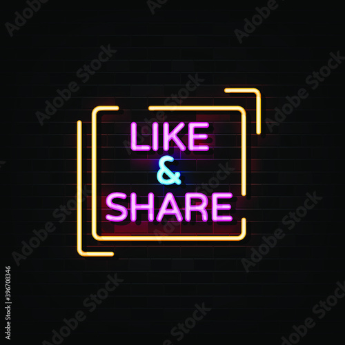 Like, Share Neon Signs Vector. Design Template Neon Sign