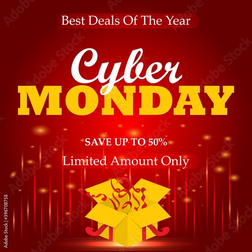 cyber Monday sale with red and golden Background for Good Deal Promotion. Banner and Label for Website. Vector illustration 