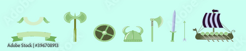 set of viking equipment. boat and more cartoon icon design template with various models. vector illustration isolated on blue background
