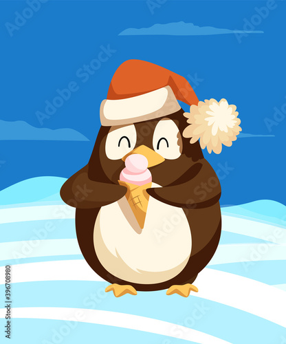 Penguin in Santa hat with ice cream at North Pole. Bird in headdress with dessert in waffle cone on snow at Antarctica, Christmas winter holiday vector