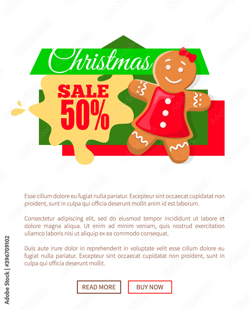 Vector discount label with info about price off, New Year special offer, girl cookie. Christmas sale 50 percent off, gingerbread woman decoration price tag Vector discount label with info about price off, New Year special offer, girl cookie. Christmas sale 50 percent off, gingerbread woman decoration price tag