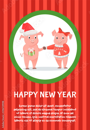Happy New Year postcard, piglet animal exchange gifts, chinese horoscope zodiac symbol vector. Male and female, pigs in hat and bow, Christmas holidays poster
