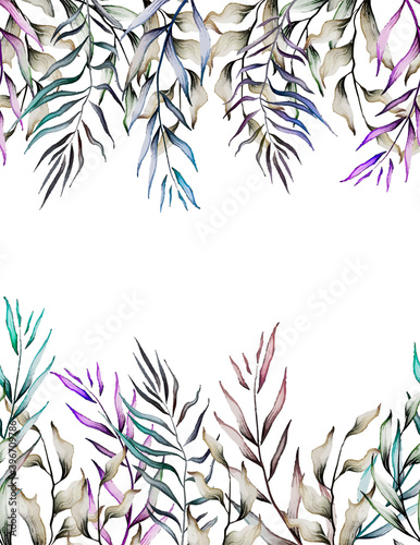 Herbal minimalistic vector frame. Hand painted plants, branches, leaves on white background. Greenery wedding invitation. Watercolor style. Natural card design. All elements are isolated and editable.