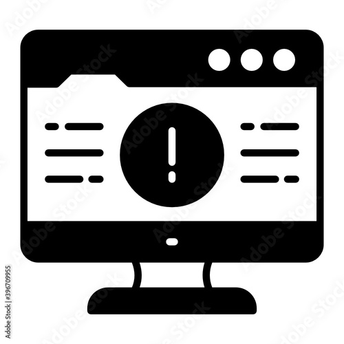 Exclamation mark on computer screen  vector Glyph icon design, Cloud computing and Internet hosting services Symbol on White background, unexpected error sign concept, 