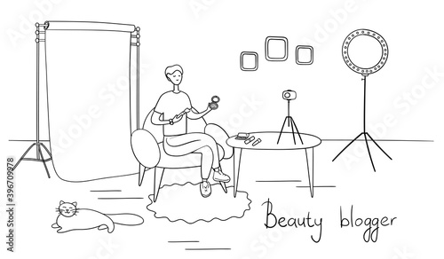 Influencer guy shoots cosmetics product review. Male beauty blogger filming makeup tutorial on camera. Young man is recording video for his followers. Stylist tips vlog. Vector illustration