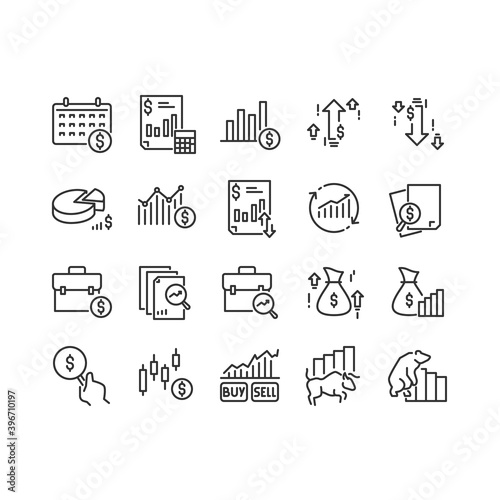 Financial Analytics Related Vector Line Icons. Contains such Icons as Gainers and Losers, Bullish, Bearish, Candlestick and more. Editable Stroke. Crafted at 64x64 Pixel Perfect