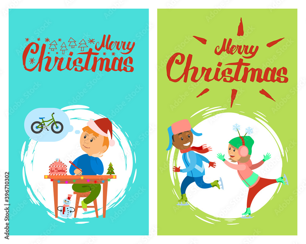 Fototapeta premium Merry Christmas holidays preparation, letter to Santa Claus vector in brush frame. Boys in warm winter cloth skating outdoors, winter skaters isolated