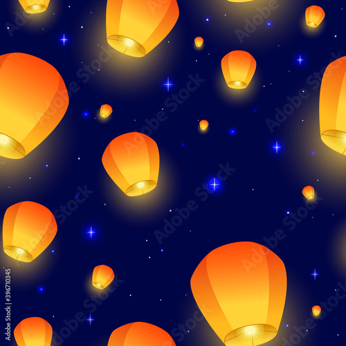 Flying Sky lanterns seamless pattern. Diwali festival  Mid Autumn Festival or Chinese festive. Luminous floating lamps in the night sky. Vector illustration for wrapping paper  fabric  wallpaper.