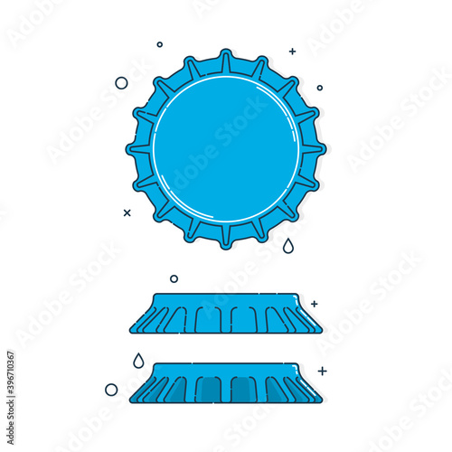 Color flat illustration with a bottle cap on a white background. Blue cover metal cork. Isolated element. Line art design. Top and in profile view. Outline a single drink object