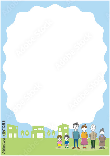 三世代家族と街並みの背景用イラスト