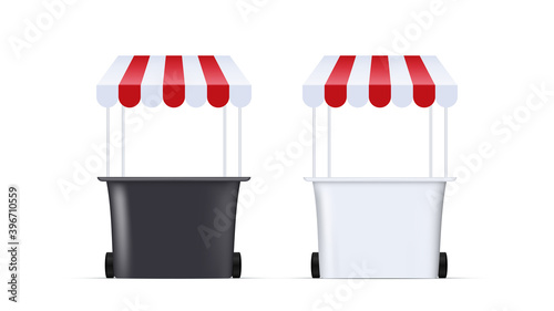 Food market kiosk. Farmers shop. Farm food stalls. Set, Vector 3d.
