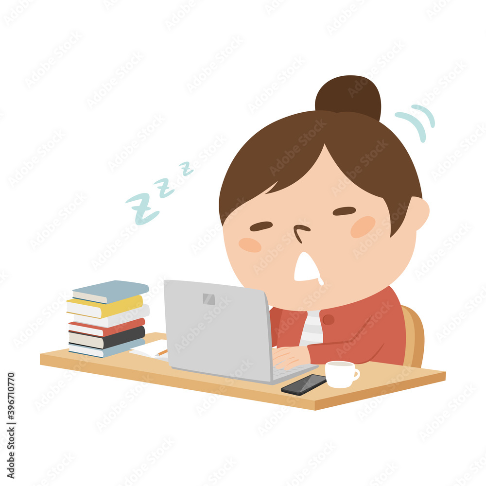 ノートパソコンを使って行うリモート授業や勉強中に寝てしまった若い女子生徒のイラスト。