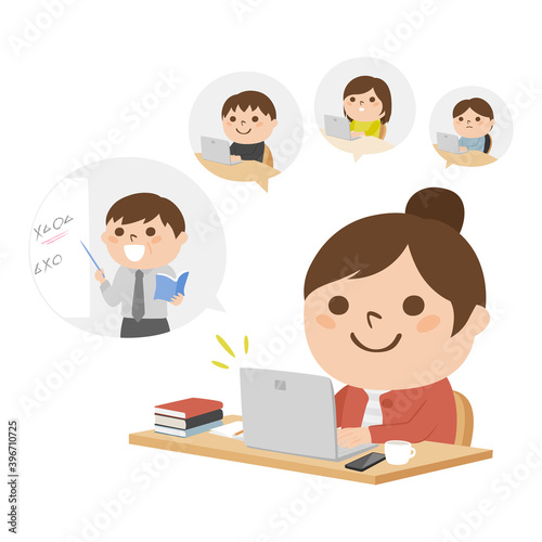 ノートパソコンを使ってリモート授業に参加してる若い女子生徒のイラスト。