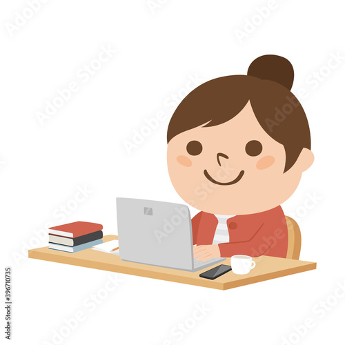 ノートパソコンを使ってリモート授業や勉強をしてる若い女子生徒のイラスト。