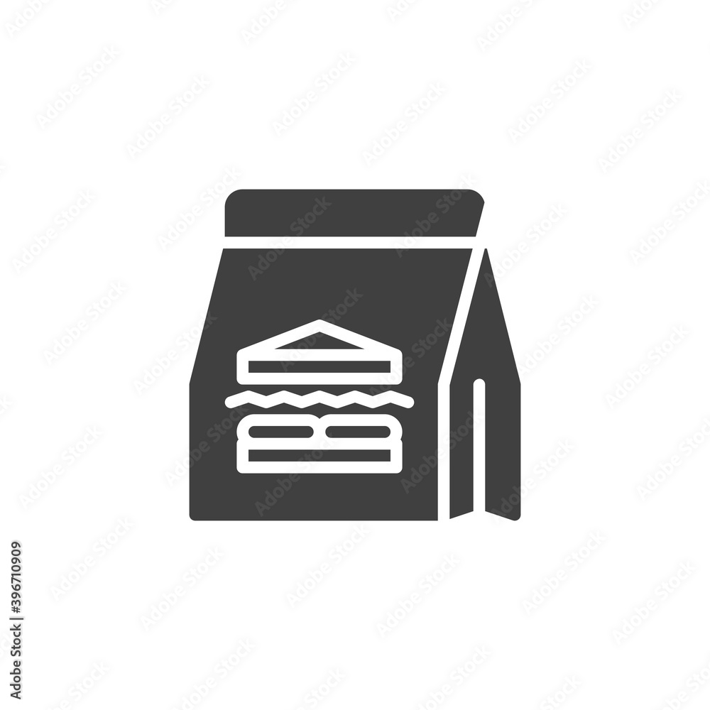 Sandwich paper bag vector icon. filled flat sign for mobile concept and web design. Takeaway food box glyph icon. Symbol, logo illustration. Vector graphics Sandwich paper bag vector icon. filled flat sign for mobile concept and web design. Takeaway food box glyph icon. Symbol, logo illustration. Vector graphics