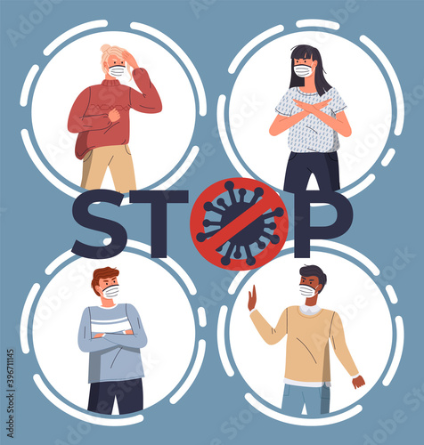 Set of portraits with people wearing protective medical face masks protesting against virus spread at background of flying virus and stop sign. Concept of coronavirus quarantine, epidemic of covid 19