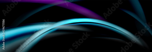 Dynamic motion abstract background. Color blurred stripes on black. Wave liquid lines poster. Vector illustration