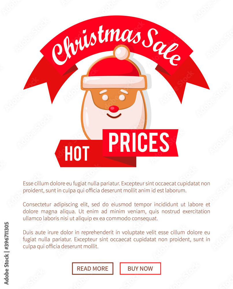 Christmas sale hot prices web poster with text sample, Santa Claus gingerbread hat and red price tag. Xmas cookie on online page, template of site Christmas sale hot prices web poster with text sample, Santa Claus gingerbread hat and red price tag. Xmas cookie on online page, template of site