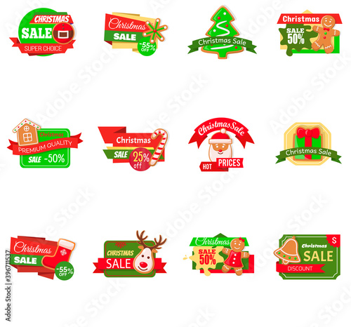 Christmas sale hot price cost reduction cookies vector. Santa Claus and present with bows decoration, gift and belt, reindeer and house, reduced cost
