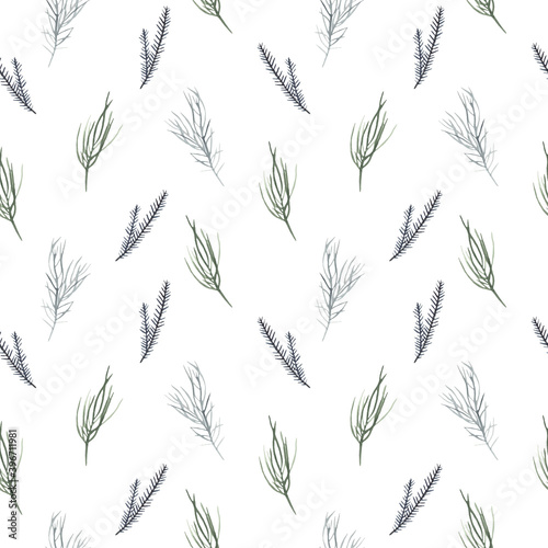 Christmas fir  pine branches in green and blue on a white background watercolor seamless winter pattern