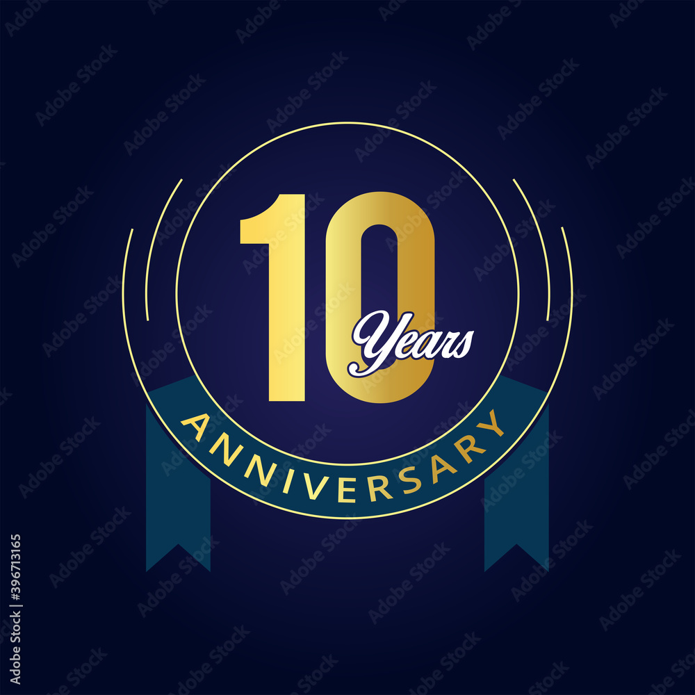 10th Year Anniversary Celebration logo in golden color and blue ribbon in Circle Premium Royal Vector symbol. 10th Year Anniversary Celebration logo in golden color and blue ribbon in Circle Premium Royal Vector symbol.