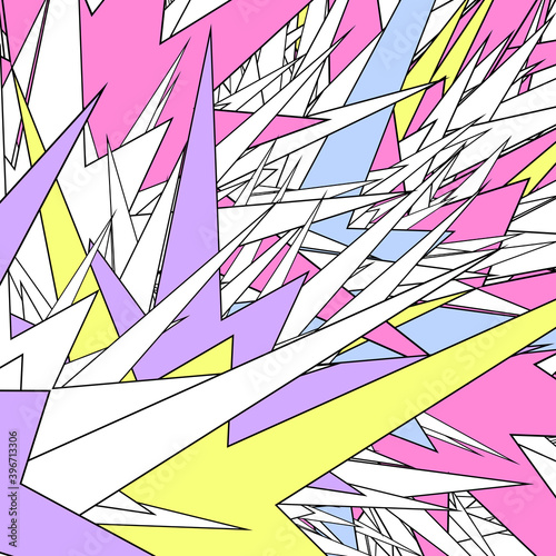 Vector abstract aggressive background made of intersecting rays of white, yellow, pink colors, black contour lines.