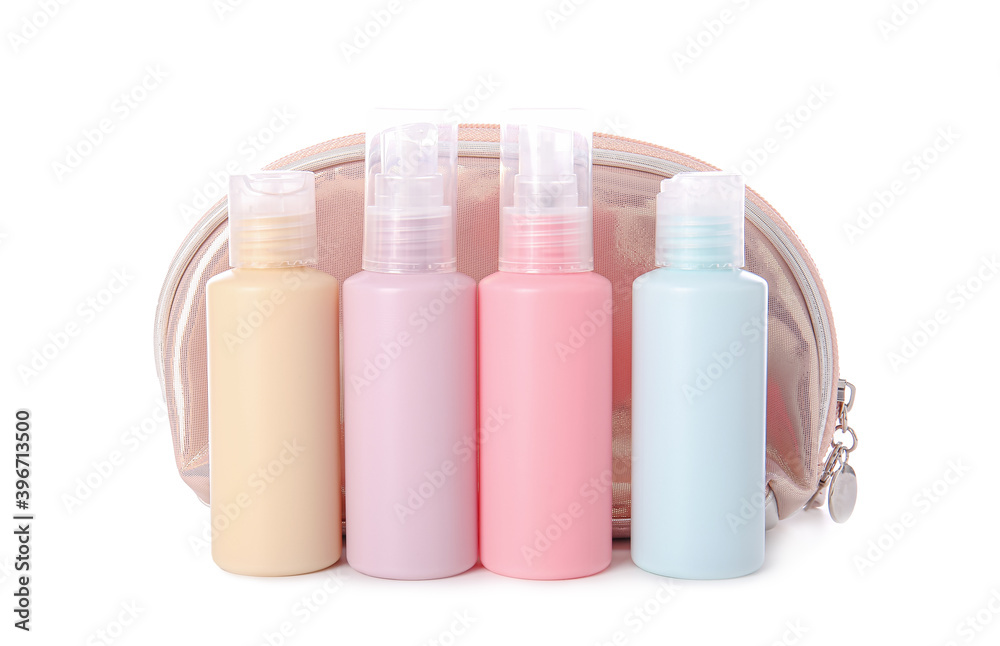 Set of travel bottles with body care cosmetics and cosmetic bag on white background Set of travel bottles with body care cosmetics and cosmetic bag on white background
