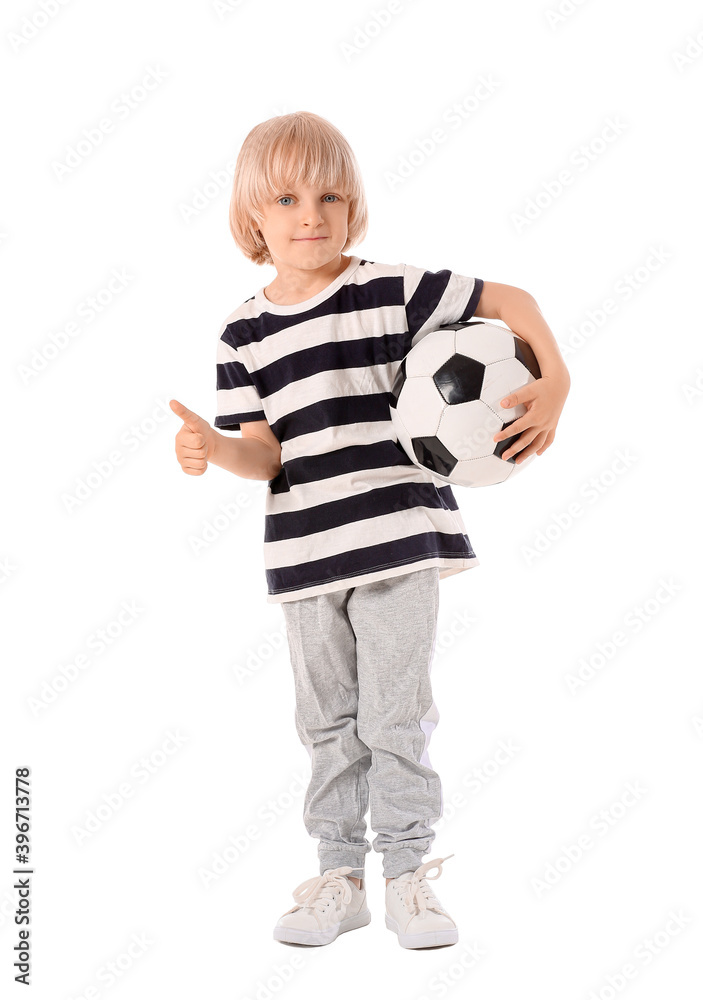 Cute little boy with soccer ball showing thumb-up on white background Cute little boy with soccer ball showing thumb-up on white background