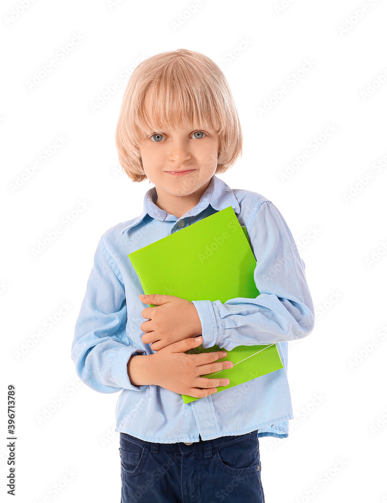 Cute little boy with notebooks on white background Cute little boy with notebooks on white background