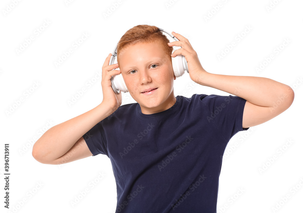 Teenage boy with headphones on white background Teenage boy with headphones on white background