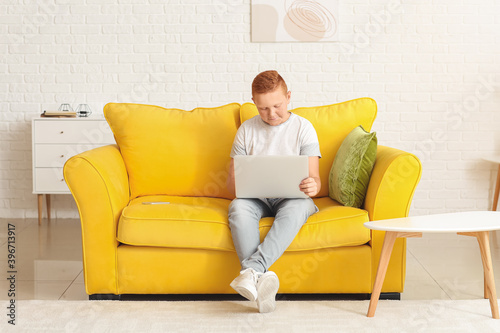 Teenage boy with laptop sitting on sofa at home