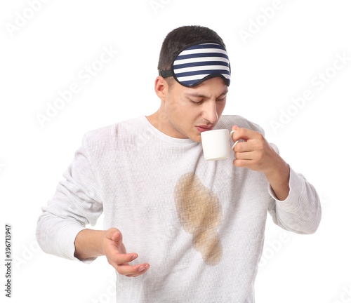 Young man with coffee stain...