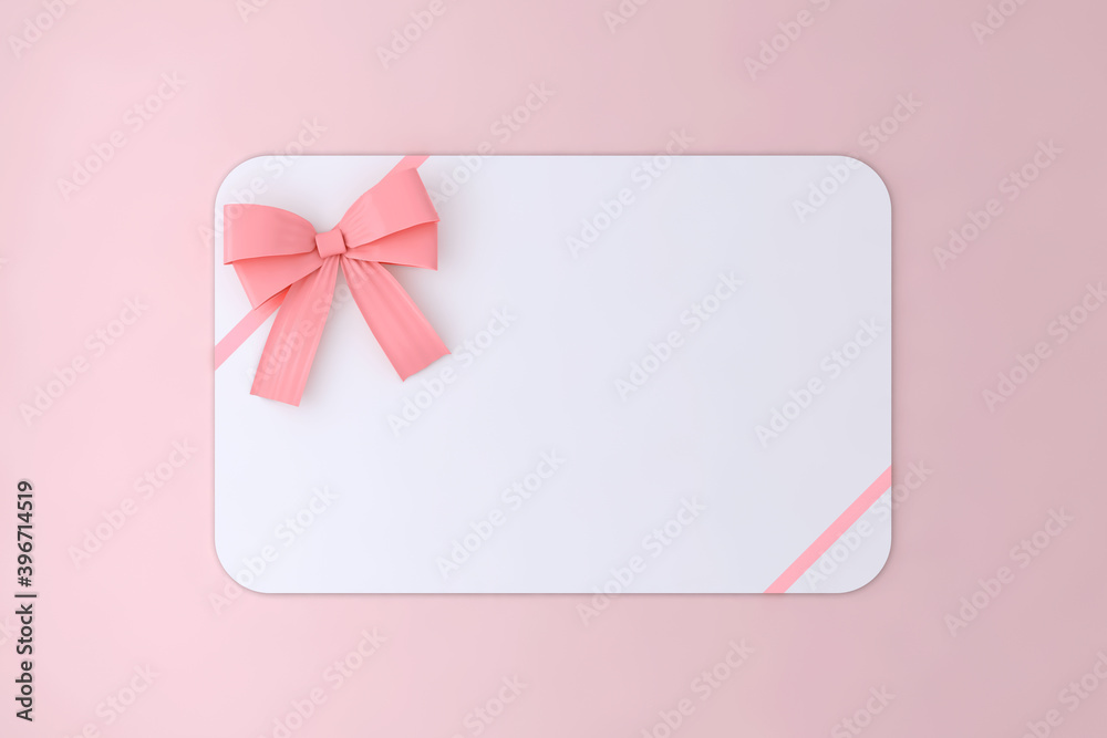 Blank white gift card with pink ribbon bow isolated on pink pastel color background with shadow minimal concept 3D rendering.