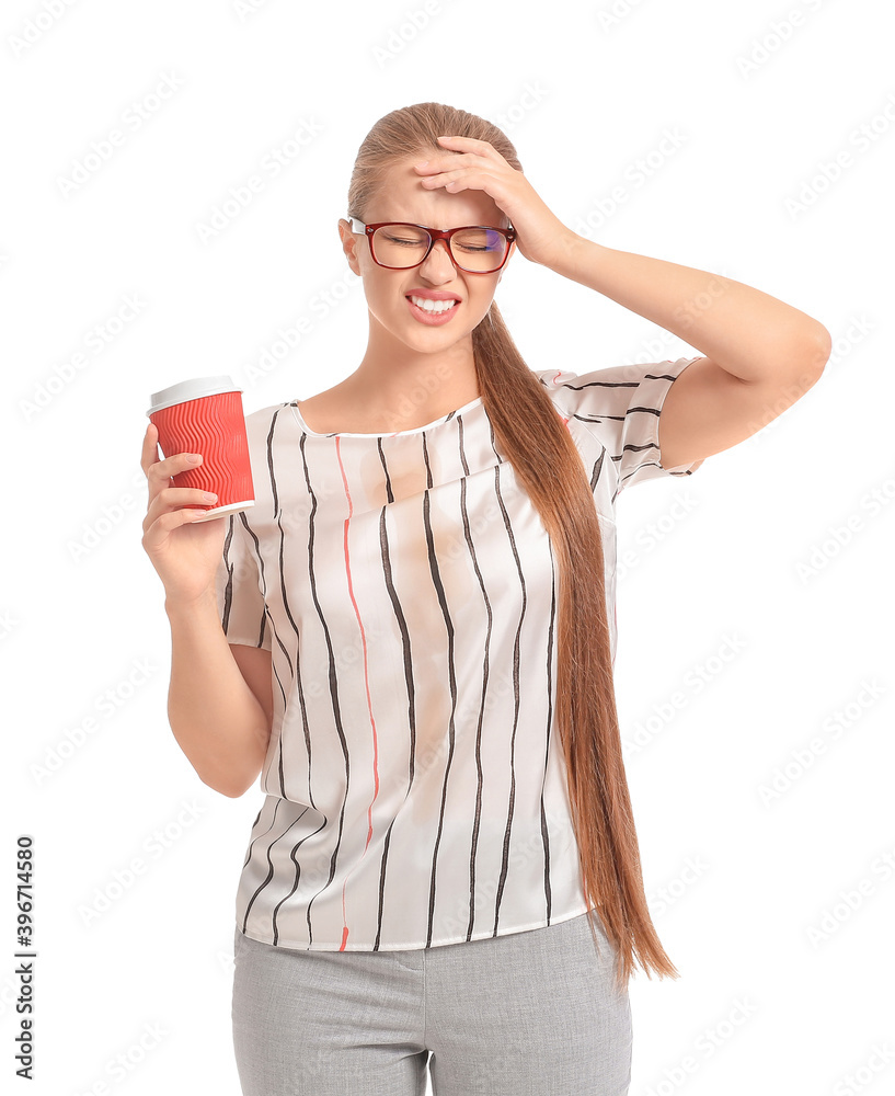 Stressed young woman with coffee stains on her t-shirt on white background Stressed young woman with coffee stains on her t-shirt on white background