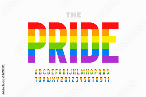 LGBTQ rainbow flag colors pride font, alphabet letters and numbers vector illustration