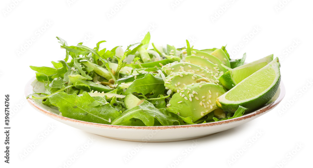 Plate with tasty arugula salad on white background