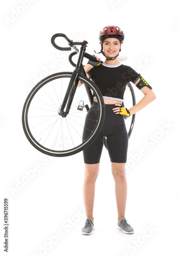 Female cyclist with bicycle on white background © Pixel-Shot