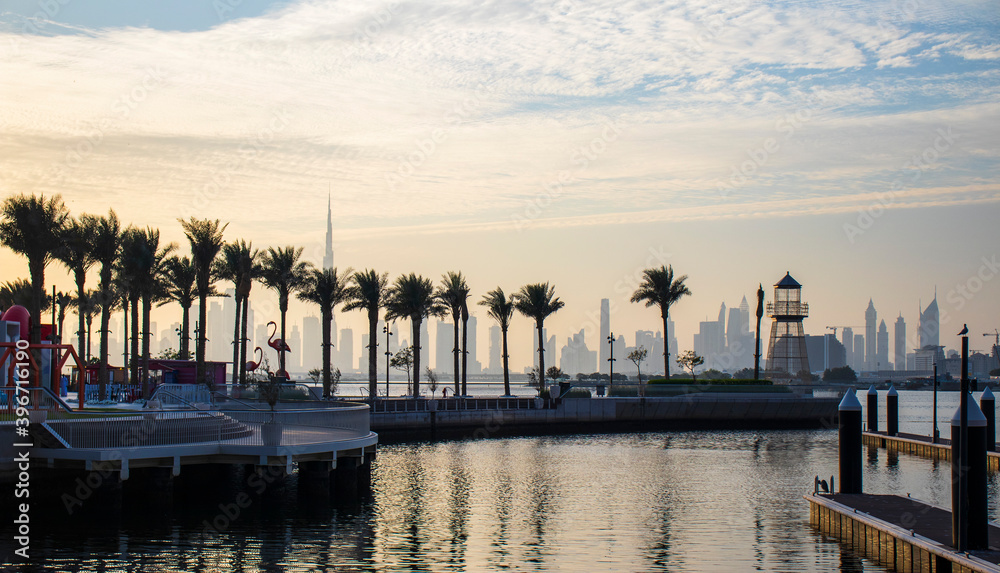 View of a Dubai city skyline from the wharf on Dubai creek harbour. UAE. Outdoors