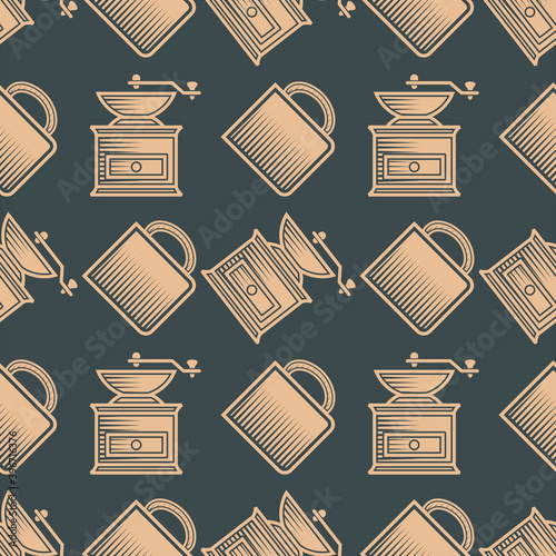 Coffee cup and coffee mill seamless pattern. Vector illustration.