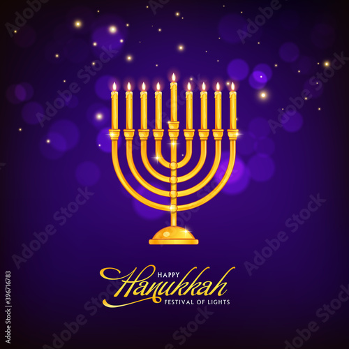 Vector image of Jewish Holiday, Happy Hanukkah Celebration background with Menorah (Traditional Candelabra) and illuminated candles on dark blue background.