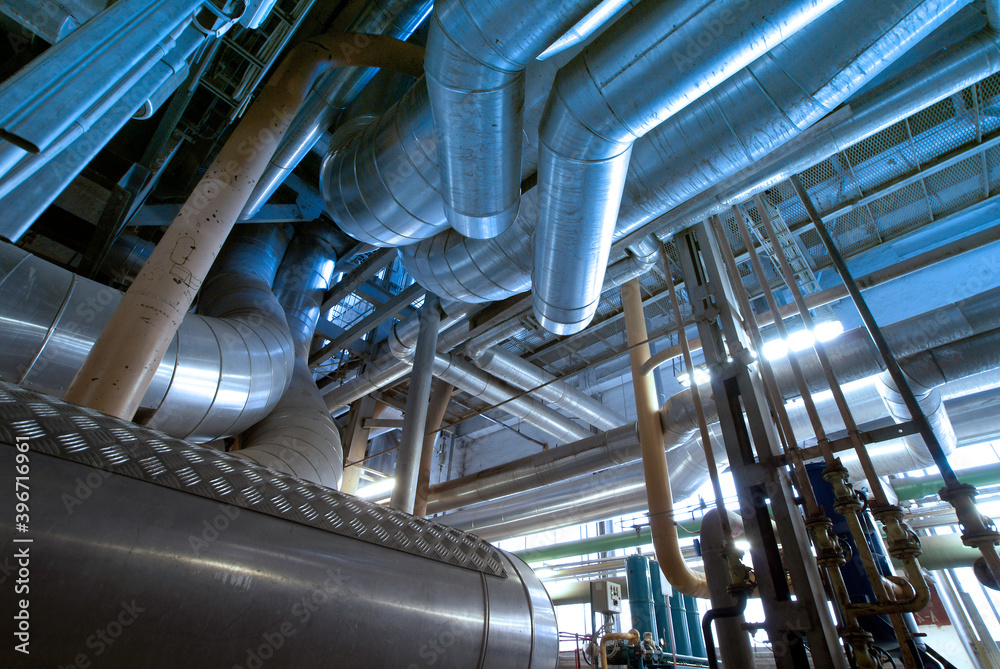 Industrial zone, Steel pipelines in blue tones Industrial zone, Steel pipelines in blue tones