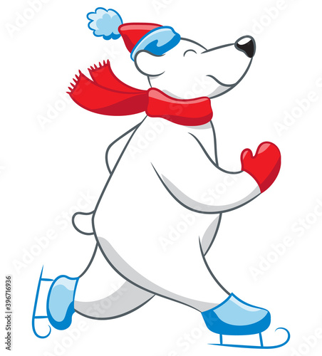Skating polar bear cartoon. Polar bear wearing a hat, scarf, mittens, and ice skates. 